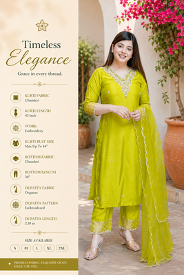 Lemon chanderi embroidered kurta set for women with pant and dupatta 2