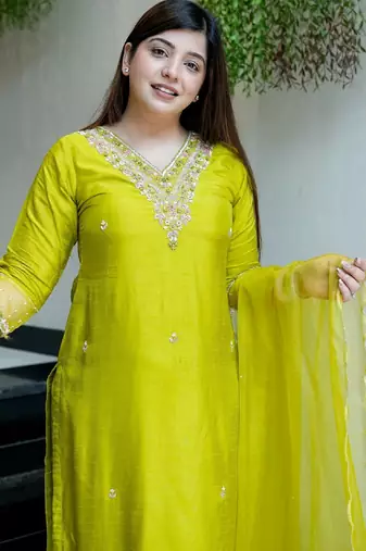 Lemon chanderi embroidered kurta set for women with pant and dupatta