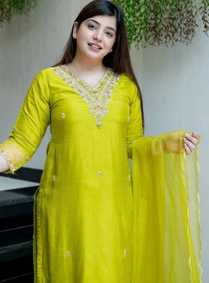 Lemon chanderi embroidered kurta set for women with pant and dupatta