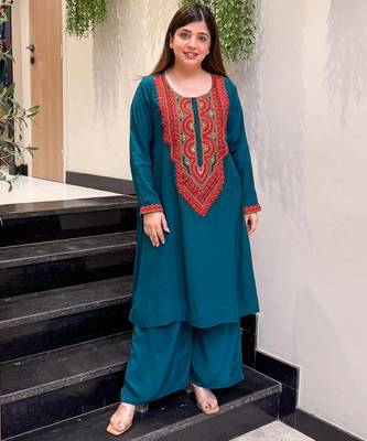 Teal blue crepe embroidered kurta set for women with palazzo 1