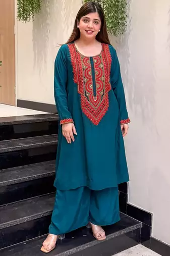 Teal blue crepe embroidered kurta set for women with palazzo