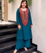 Teal blue crepe embroidered kurta set for women with palazzo