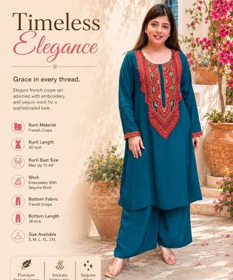 Teal blue crepe embroidered kurta set for women with palazzo 2