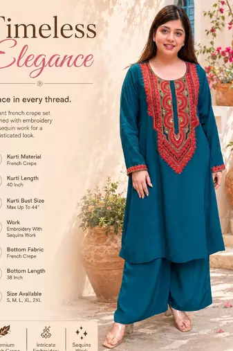 Teal blue crepe embroidered kurta set for women with palazzo