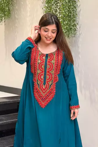 Teal blue crepe embroidered kurta set for women with palazzo