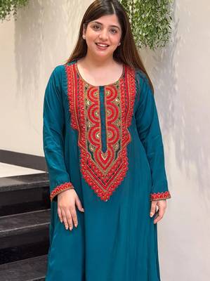 Teal blue crepe embroidered kurta set for women with palazzo 5