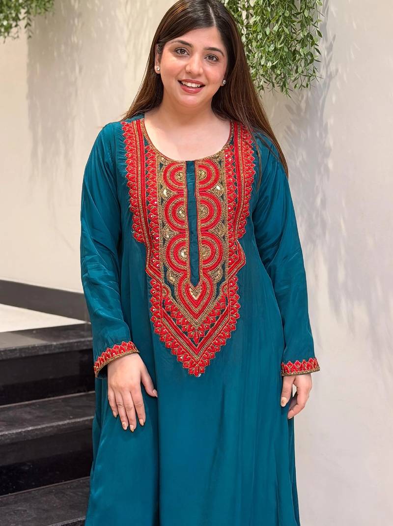 Teal blue crepe embroidered kurta set for women with palazzo