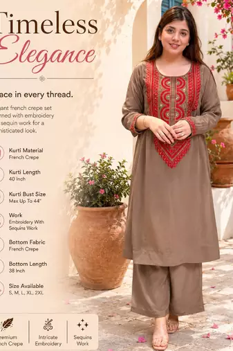 Brown crepe embroidered kurta set for women with palazzo