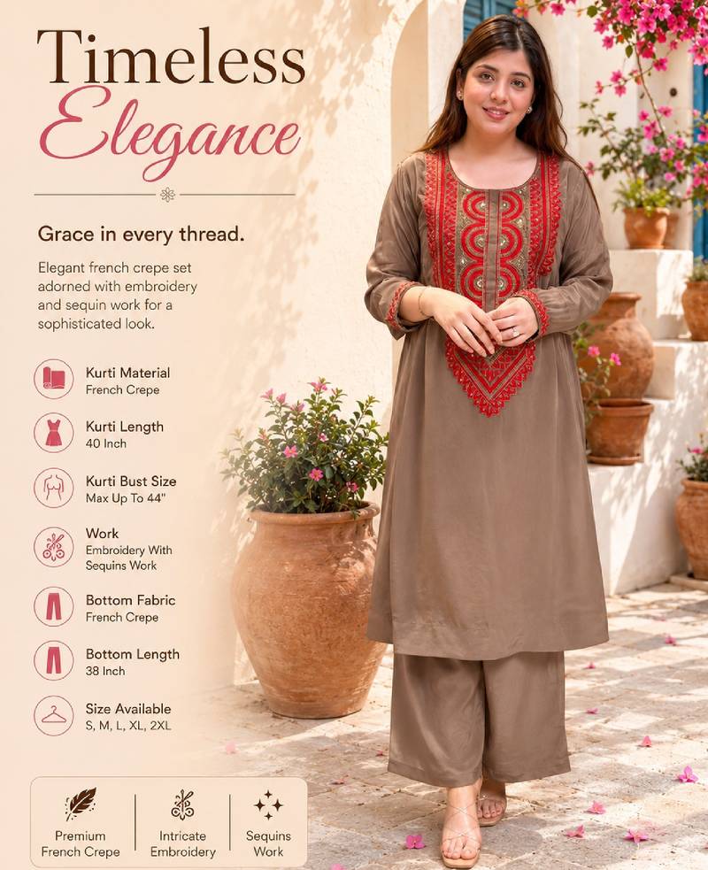 Brown crepe embroidered kurta set for women with palazzo