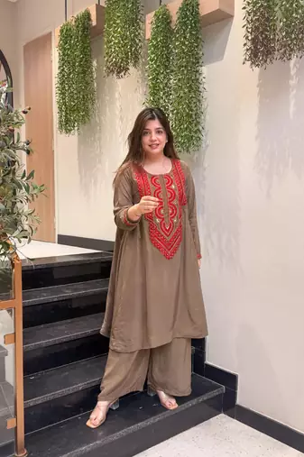 Brown crepe embroidered kurta set for women with palazzo