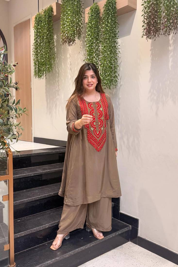 Brown crepe embroidered kurta set for women with palazzo