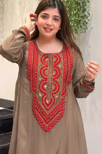 Brown crepe embroidered kurta set for women with palazzo