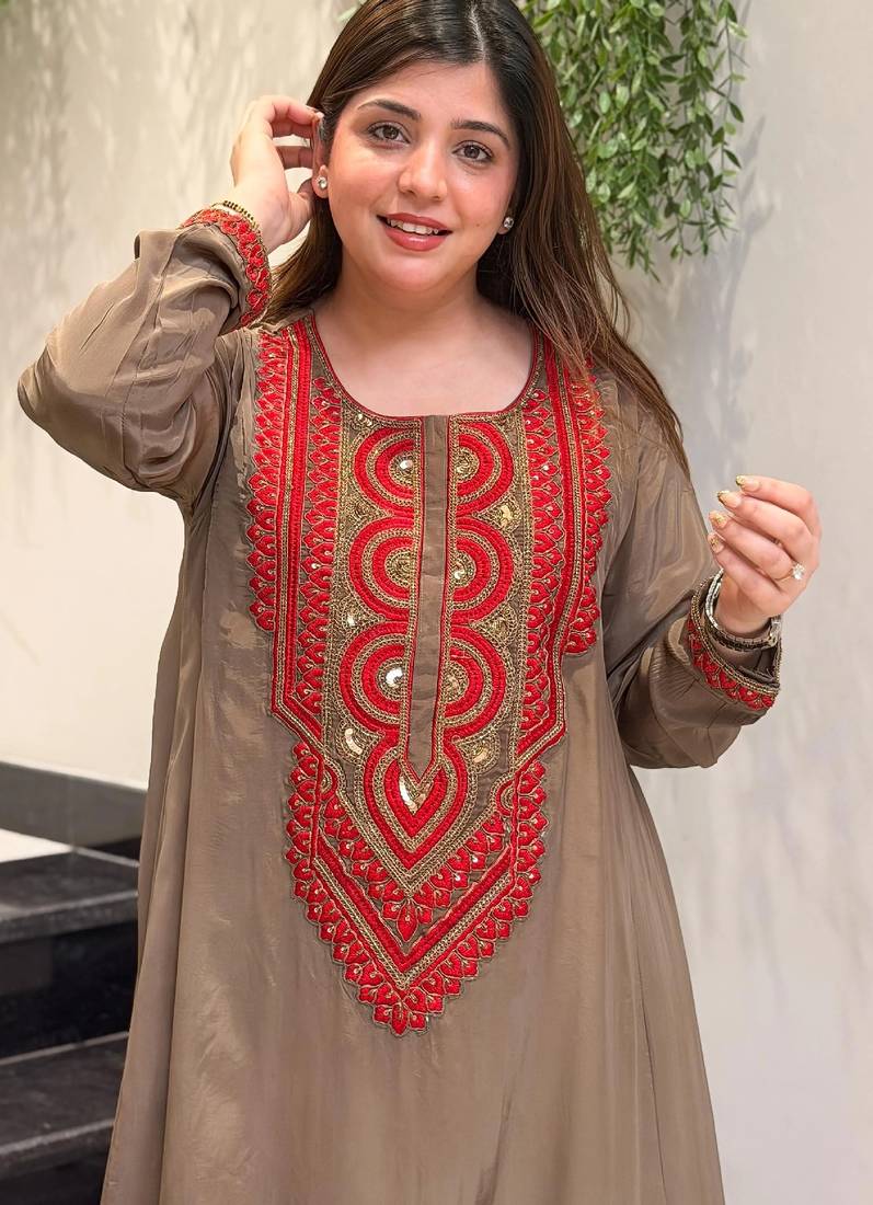 Brown crepe embroidered kurta set for women with palazzo