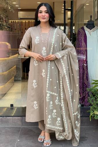 Cream cotton embroidered kurta set for women with pant and dupatta