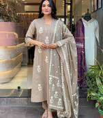 Cream cotton embroidered kurta set for women with pant and dupatta