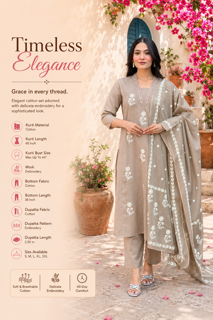 Cream cotton embroidered kurta set for women with pant and dupatta