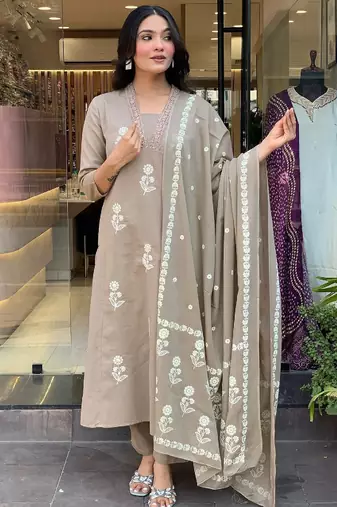 Cream cotton embroidered kurta set for women with pant and dupatta