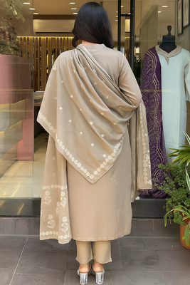 Cream cotton embroidered kurta set for women with pant and dupatta 4