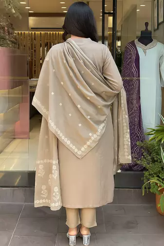 Cream cotton embroidered kurta set for women with pant and dupatta