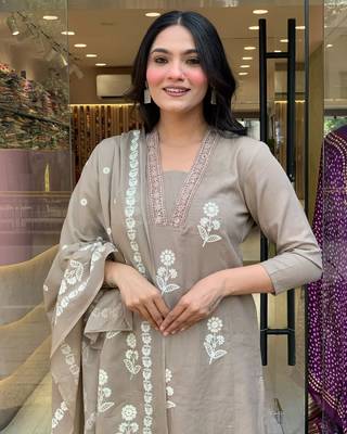 Cream cotton embroidered kurta set for women with pant and dupatta 5