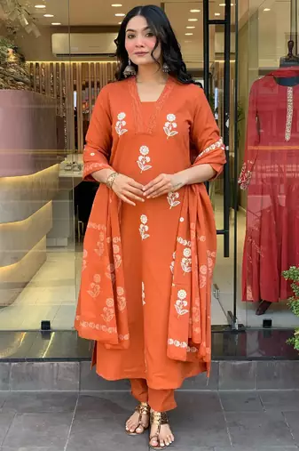Orange cotton embroidered kurta set for women with pant and dupatta