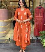 Orange cotton embroidered kurta set for women with pant and dupatta