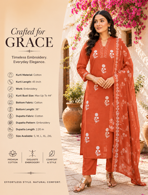 Orange cotton embroidered kurta set for women with pant and dupatta 2