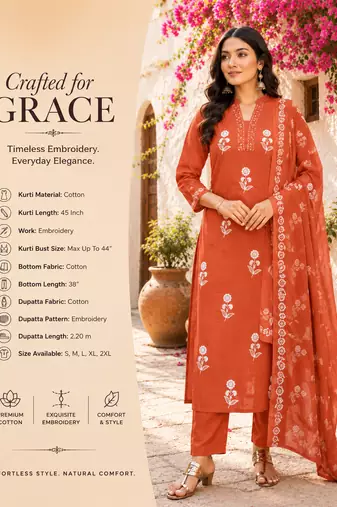 Orange cotton embroidered kurta set for women with pant and dupatta