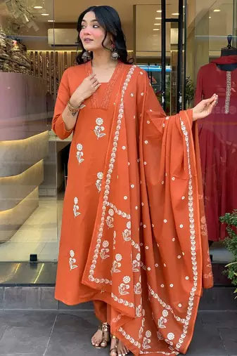 Orange cotton embroidered kurta set for women with pant and dupatta