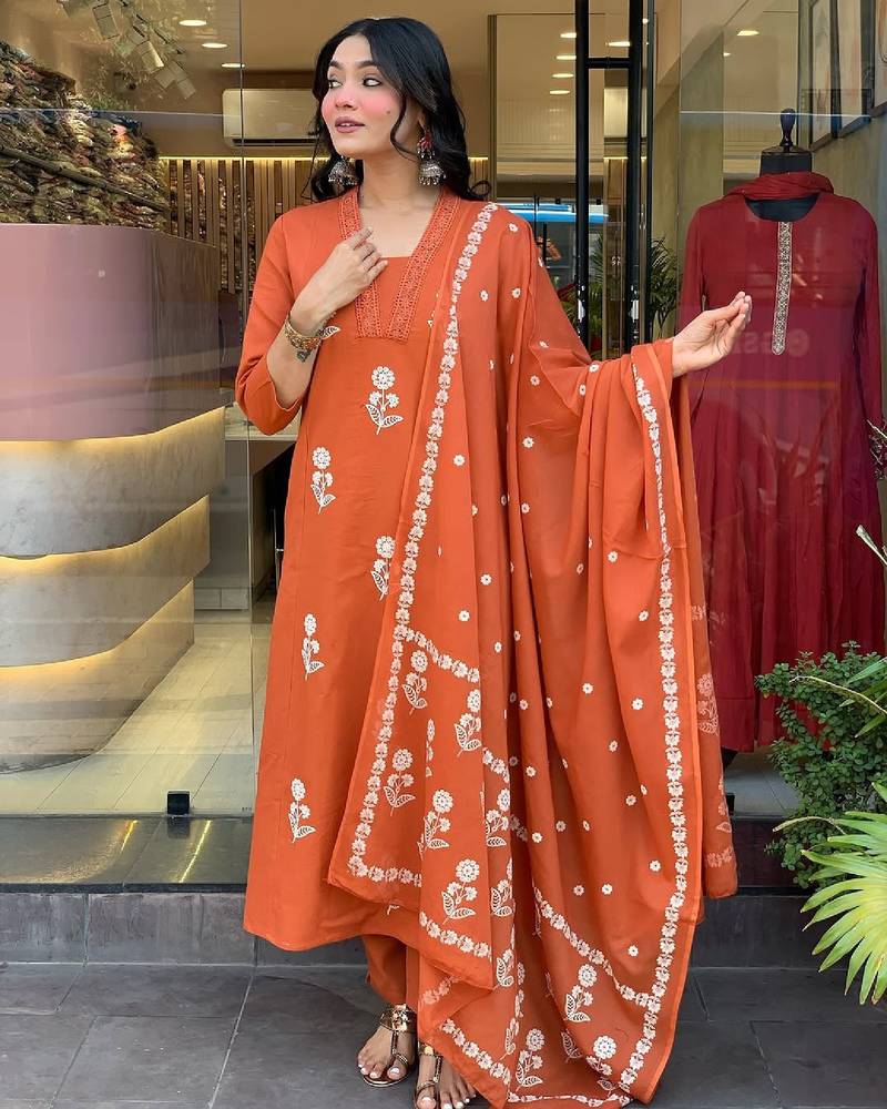 Orange cotton embroidered kurta set for women with pant and dupatta