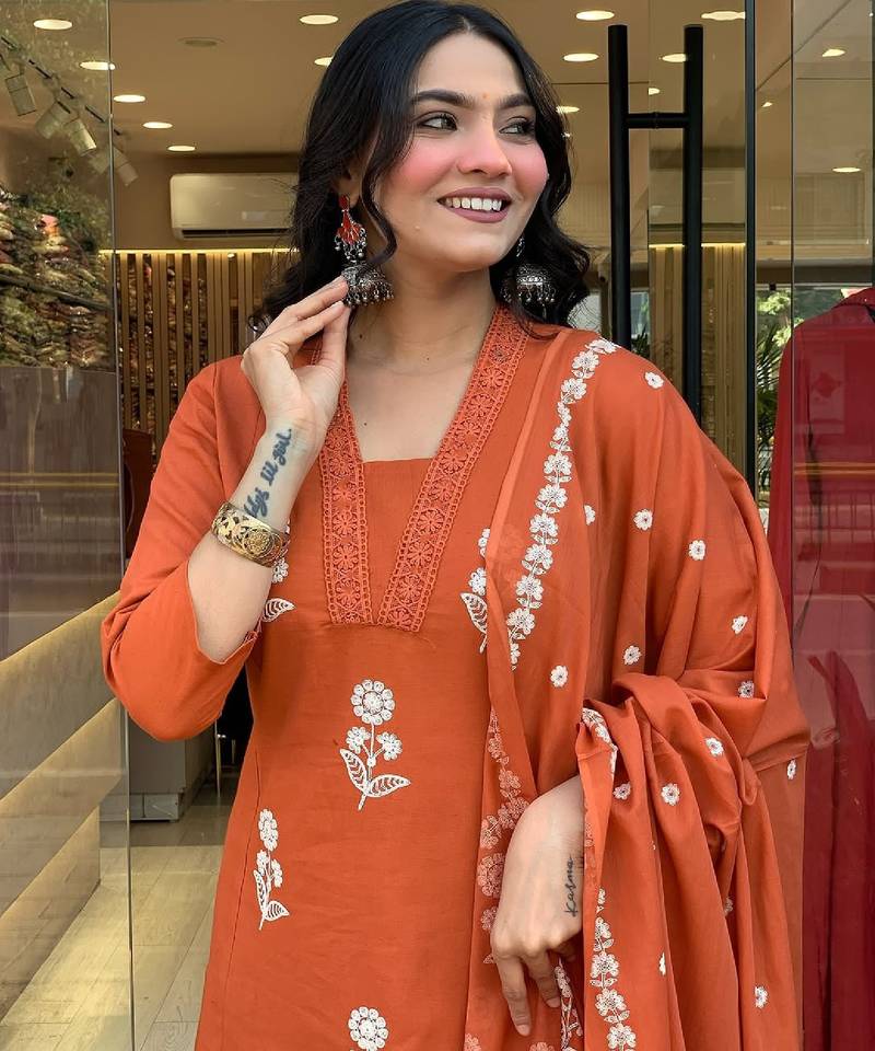 Orange cotton embroidered kurta set for women with pant and dupatta