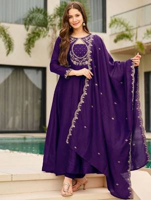 Purple silk blend embroidered kurta set for women with dupatta and pant 1