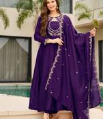 Purple silk blend embroidered kurta set for women with dupatta and pant