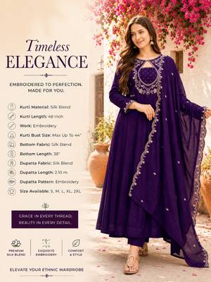 Purple silk blend embroidered kurta set for women with dupatta and pant 2