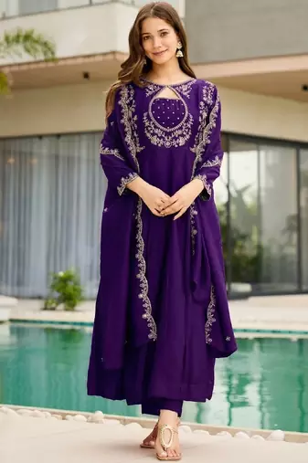 Purple silk blend embroidered kurta set for women with dupatta and pant