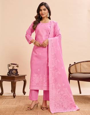 Pink cotton printed kurta set for women with dupatta and pant 1