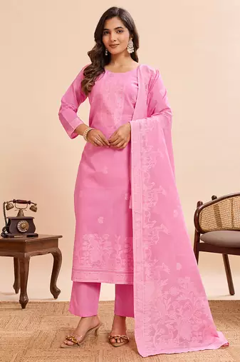 Pink cotton printed kurta set for women with dupatta and pant