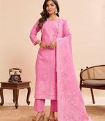 Pink cotton printed kurta set for women with dupatta and pant