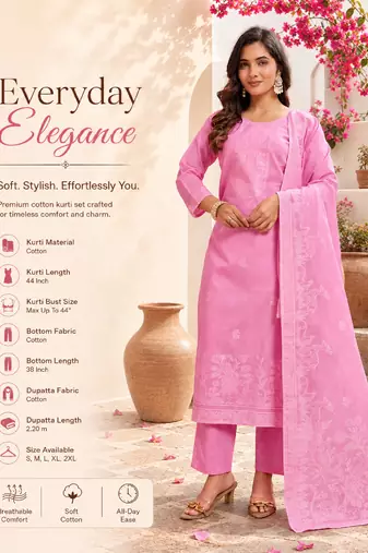 Pink cotton printed kurta set for women with dupatta and pant