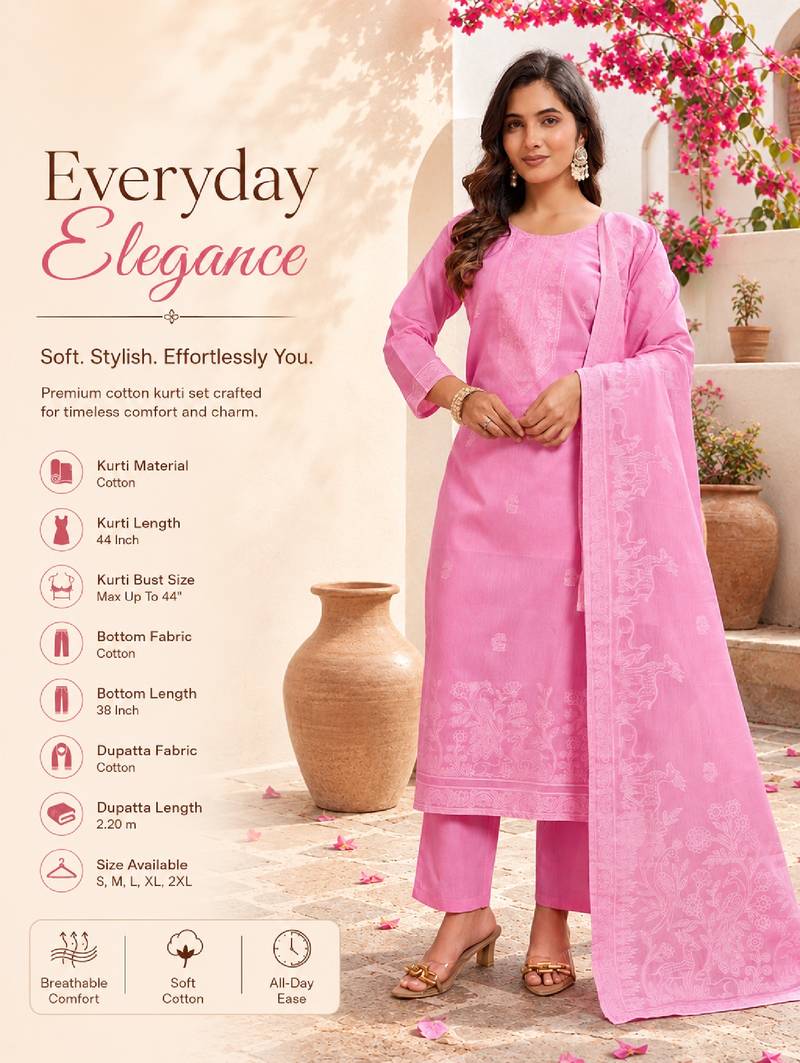 Pink cotton printed kurta set for women with dupatta and pant