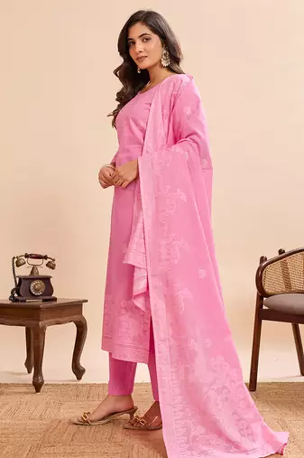 Pink cotton printed kurta set for women with dupatta and pant