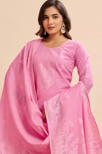 Pink cotton printed kurta set for women with dupatta and pant