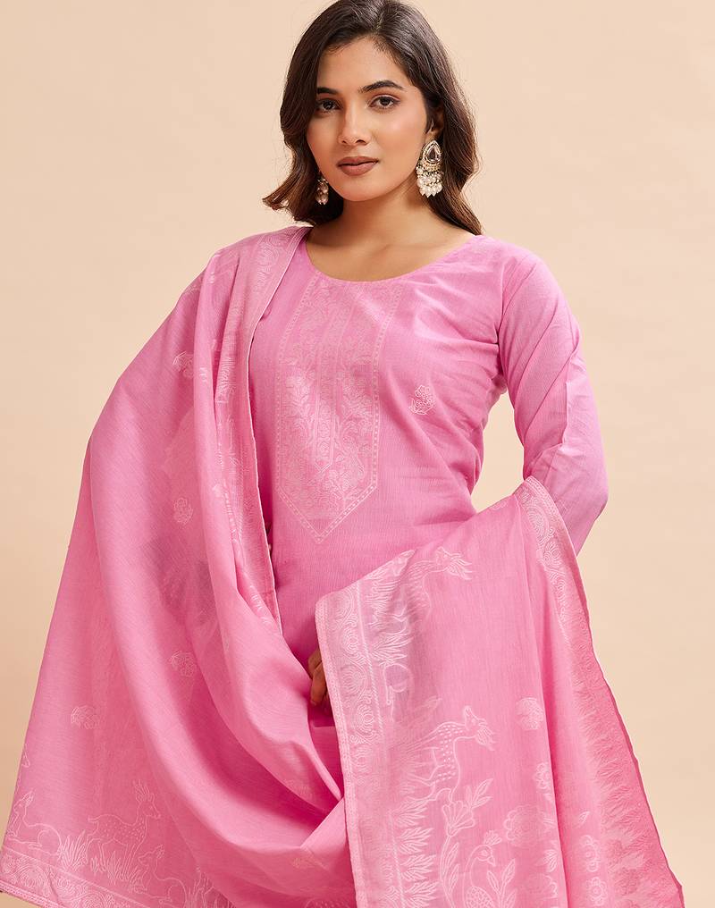 Pink cotton printed kurta set for women with dupatta and pant