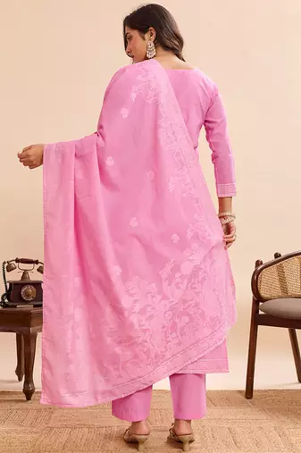 Pink cotton printed kurta set for women with dupatta and pant