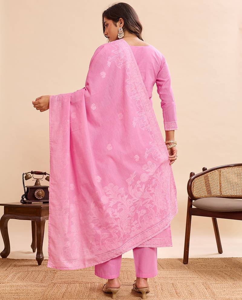 Pink cotton printed kurta set for women with dupatta and pant