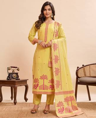 Yellow cotton printed kurta set for women with dupatta and pant 1