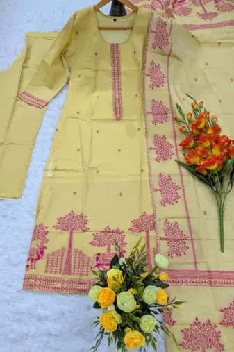 Yellow cotton printed kurta set for women with dupatta and pant