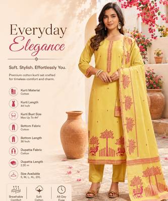Yellow cotton printed kurta set for women with dupatta and pant 2