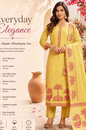 Yellow cotton printed kurta set for women with dupatta and pant