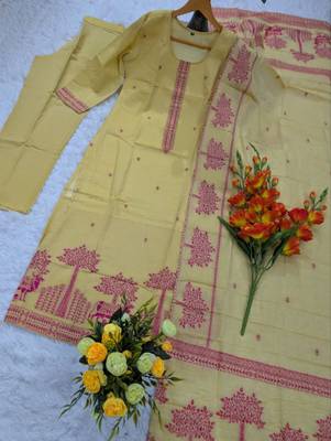Yellow cotton printed kurta set for women with dupatta and pant 3